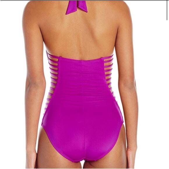 Kenneth Cole New York One Piece Swimsuit Halter Cut Out Sides Fuchsia Medium - Picture 2 of 11